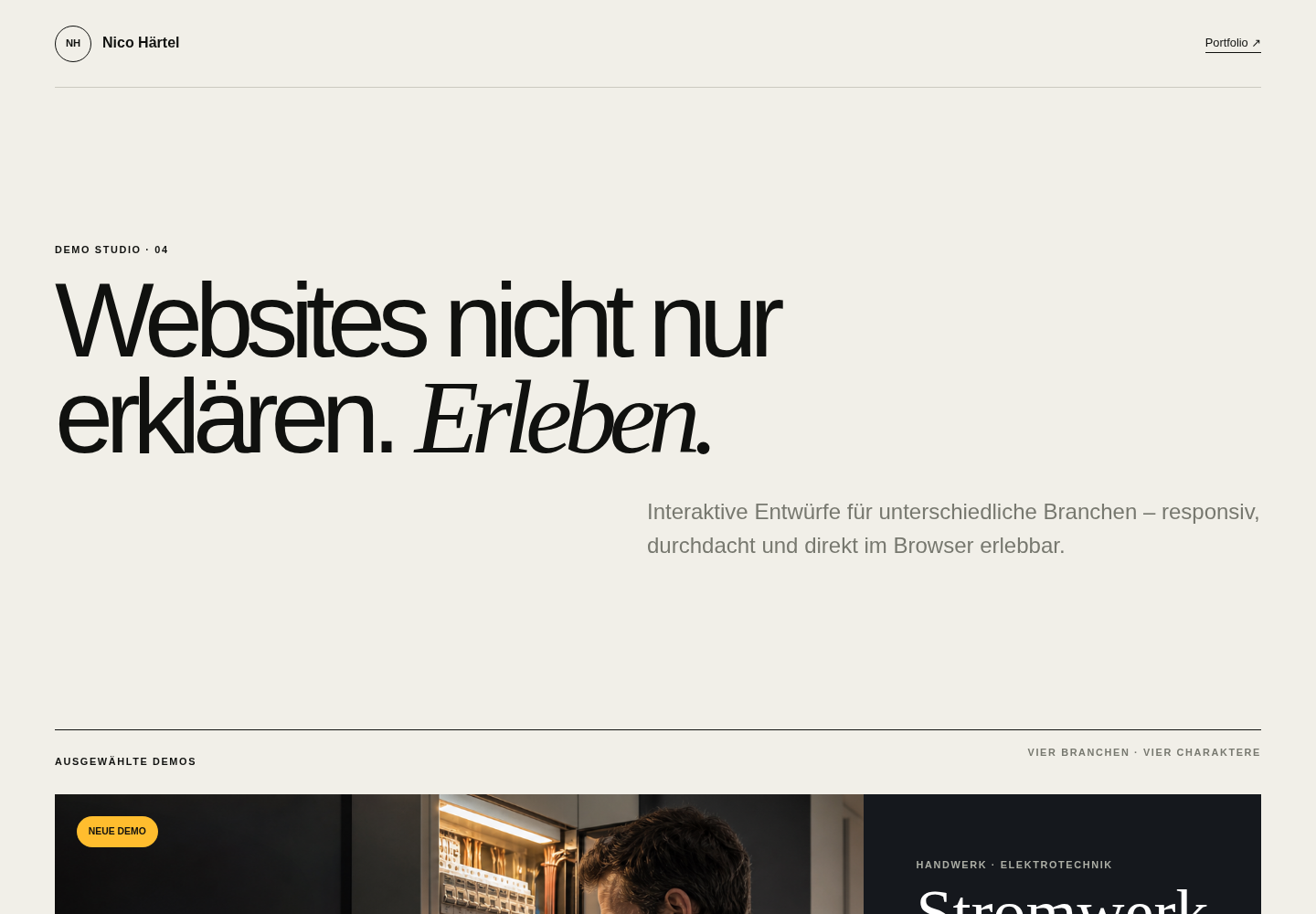 Demo Studio mit auswählbaren Branchen-Websites zum Ausprobieren